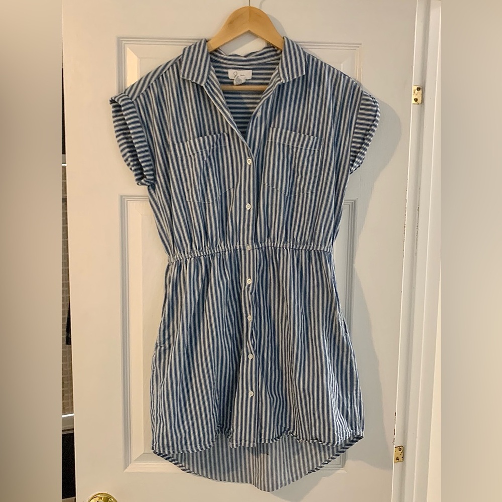 Japna Blue and White Striped Button-Front Shirt Dress